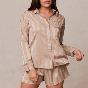 Lounge Striped Satin Pajama Set in "Mink"